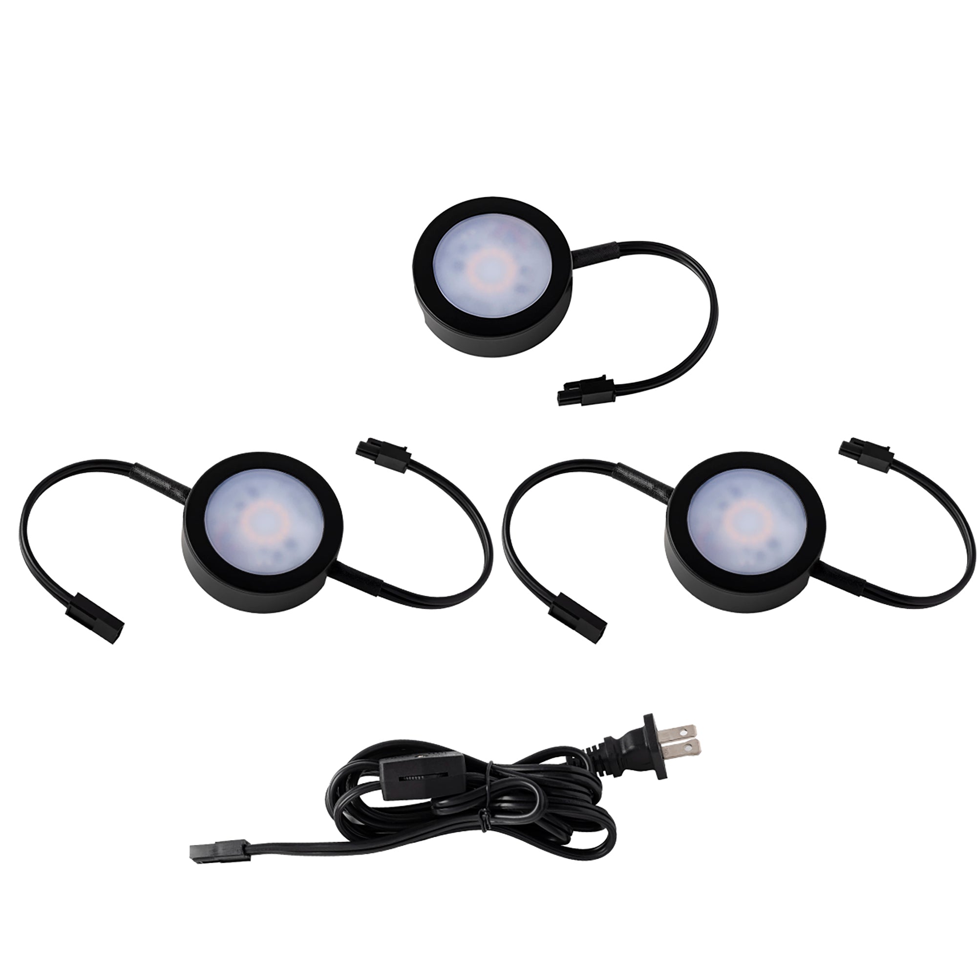 Three LED Puck Lights with 2-Double and 1-Single 6" Lead Wire and 6ft Power Cord with Roll Switch 3-CCT