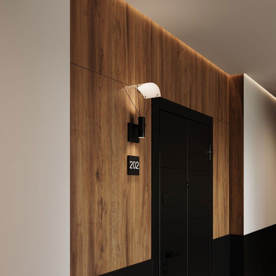 Suspenders Standard Single Sconce with Bar-Mounted Duplex Cylinders with Snoot Flood Lens & Parachute Reflector