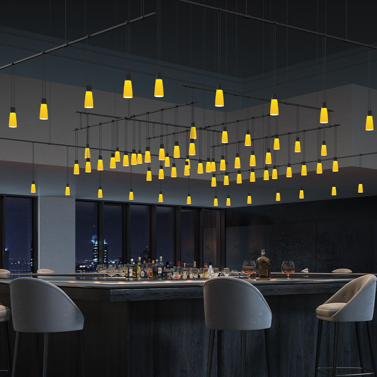 Suspenders Expanded Grid with Amber Tapered Bell Luminaires