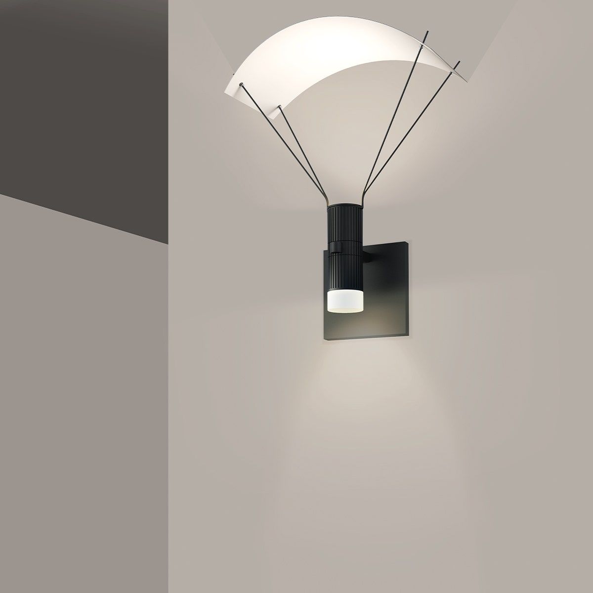 Suspenders Standard Single Sconce with Bar-Mounted Duplex Cylinders with Glass Drum Diffuser & Parachute Reflector