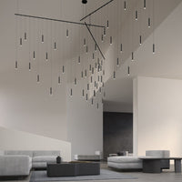 Suspenders 13' Freeform Tri-Bar with Monoline Thin Cylinder Luminaires