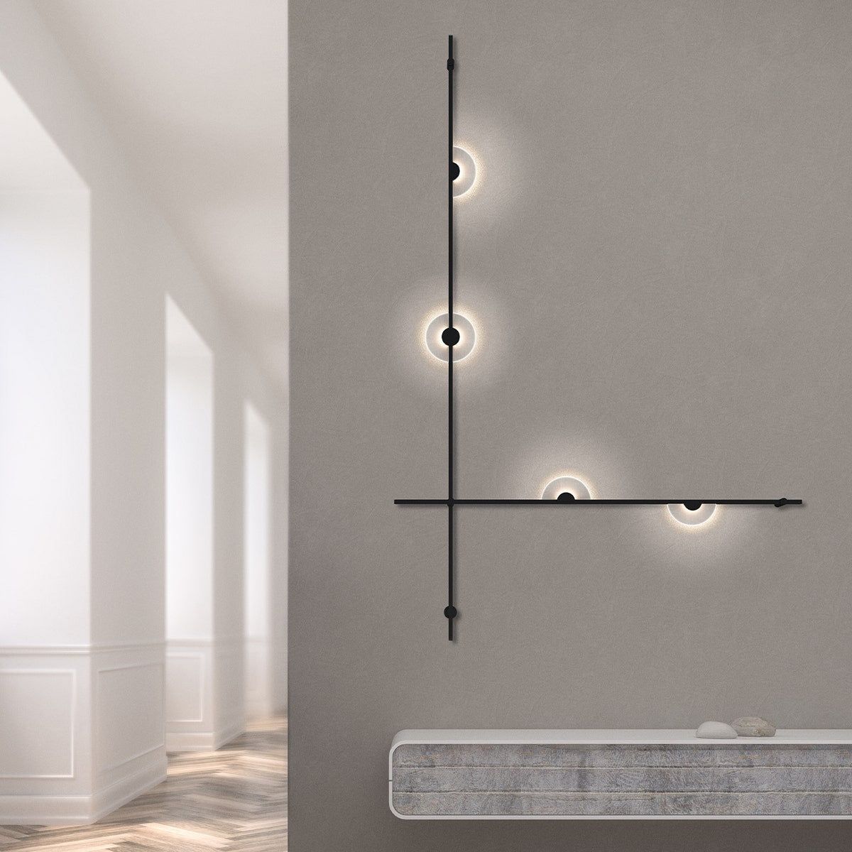 Suspenders 2-Bar Wall Mount with Mezzaluna Luminaires