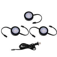 Three LED Puck Lights with 2-Double and 1-Single 6" Lead Wire and 6ft Power Cord with Roll Switch 3-CCT