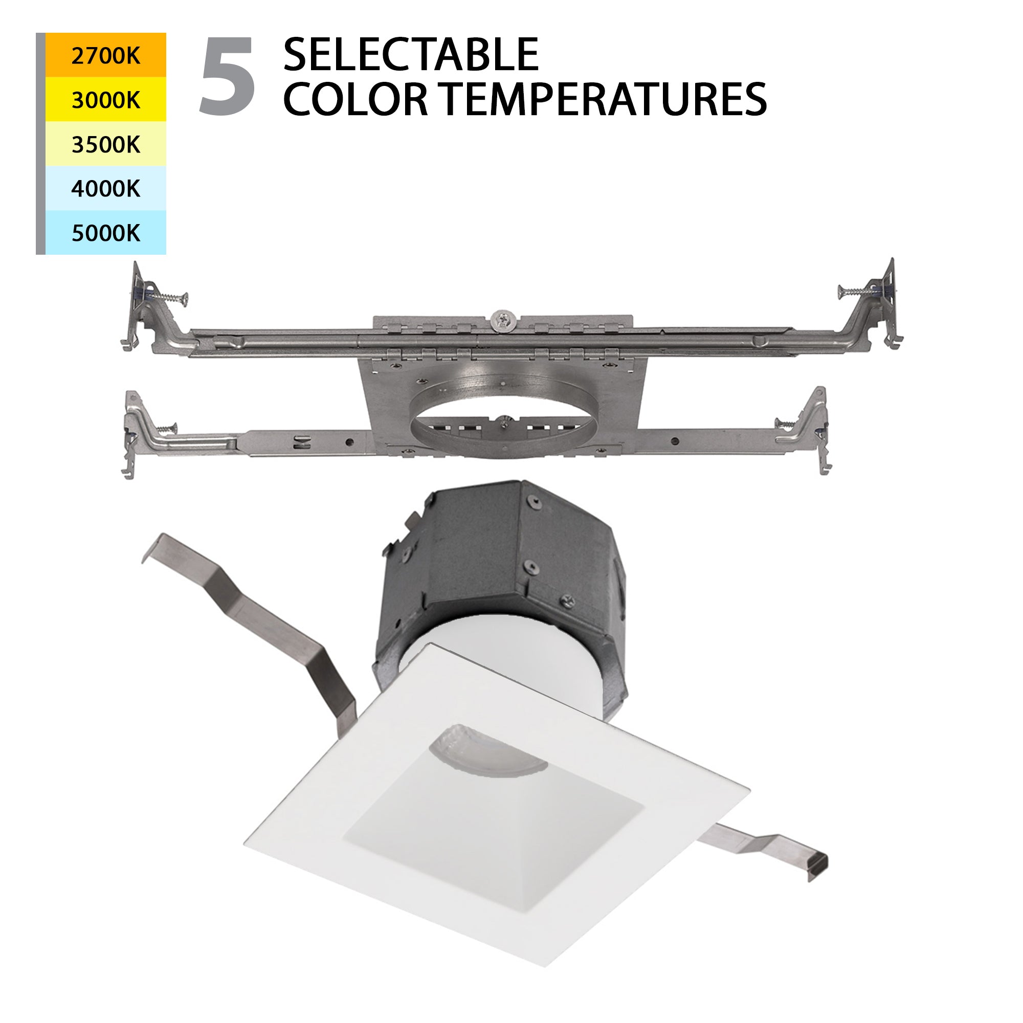 Pop-in 4" LED Square New Construction Recessed Kit 5-CCT Selectable